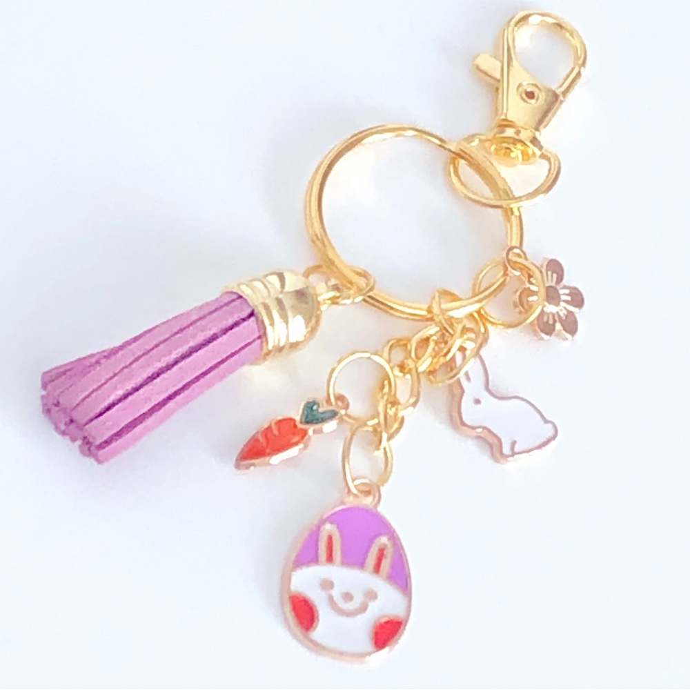 New Enamel Charm Dangling Keychain Tassel Pastel Lilac Easter Bunny Spring Bunny